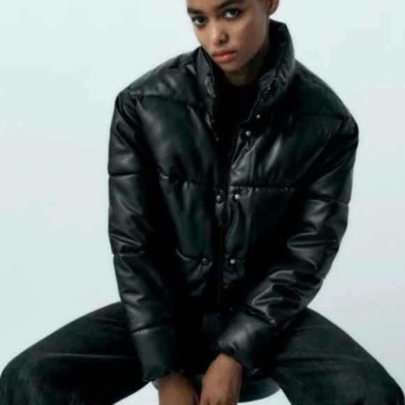 Zara Faux Leather Puffed Bomber Jacket - Picture 2 of 3